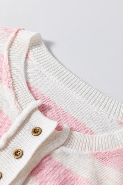 Pink Stripe Half Buttons Drop Shoulder Sweater
