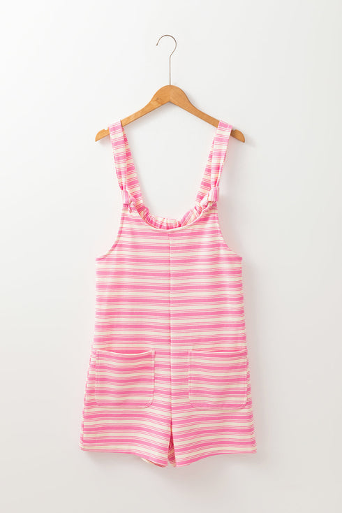 Pink Stripe Knotted Strap Patched Pocket Romper