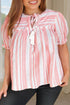 Pink Stripe Plus Size Tassel Tie Frilled Detail Short Sleeve Blouse