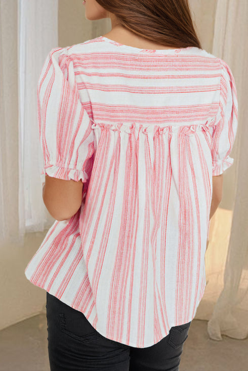 Pink Stripe Plus Size Tassel Tie Frilled Detail Short Sleeve Blouse