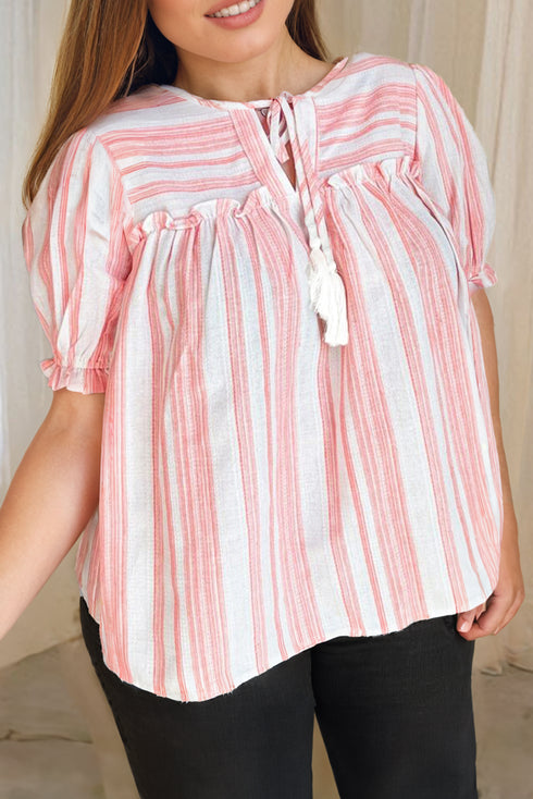 Pink Stripe Plus Size Tassel Tie Frilled Detail Short Sleeve Blouse