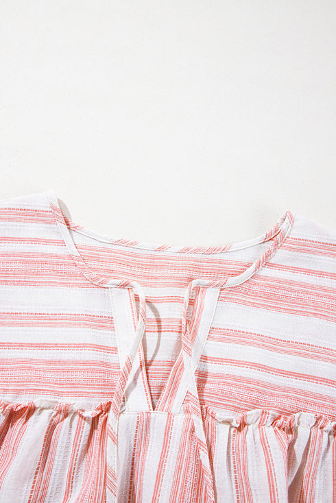 Pink Stripe Plus Size Tassel Tie Frilled Detail Short Sleeve Blouse
