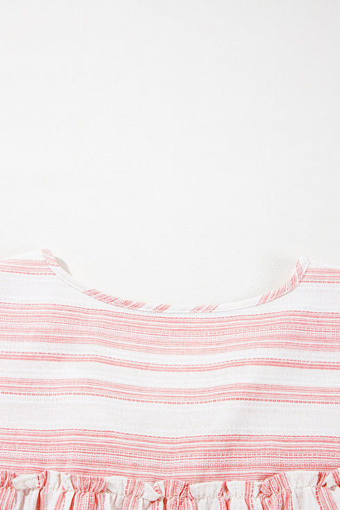 Pink Stripe Plus Size Tassel Tie Frilled Detail Short Sleeve Blouse