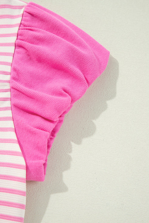Pink Stripe Ruffled V Neck Cap Puff Sleeve Top