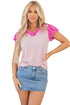 Pink Stripe Ruffled V Neck Cap Puff Sleeve Top