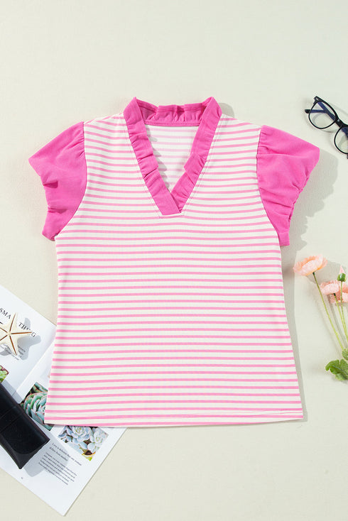 Pink Stripe Ruffled V Neck Cap Puff Sleeve Top