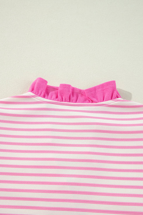 Pink Stripe Ruffled V Neck Cap Puff Sleeve Top