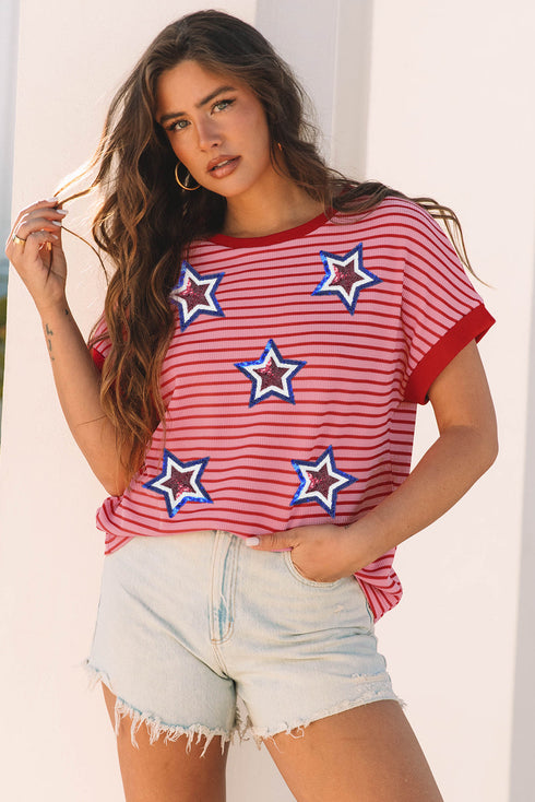 Pink Stripe Sequined Star Independence Knitted Summer T Shirt