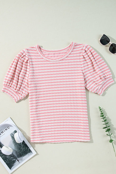 Pink Stripe Textured Puff Sleeve Crewneck Top