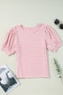 Pink Stripe Textured Puff Sleeve Crewneck Top