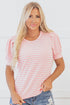 Pink Stripe Textured Puff Sleeve Crewneck Top