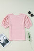 Pink Stripe Textured Puff Sleeve Crewneck Top