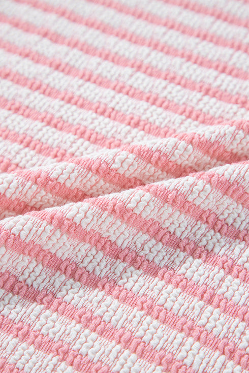Pink Stripe Textured Puff Sleeve Crewneck Top