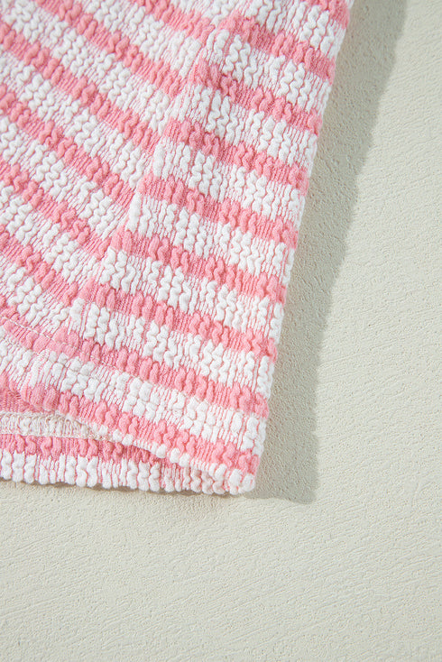 Pink Stripe Textured Puff Sleeve Crewneck Top