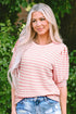 Pink Stripe Textured Puff Sleeve Crewneck Top