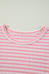 Pink Stripe Textured Puff Sleeve Crewneck Top
