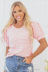 Pink Stripe Textured Puff Sleeve Crewneck Top