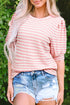 Pink Stripe Textured Puff Sleeve Crewneck Top