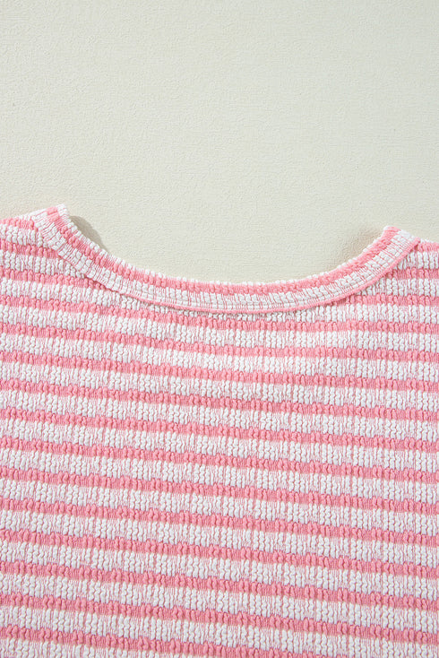 Pink Stripe Textured Puff Sleeve Crewneck Top