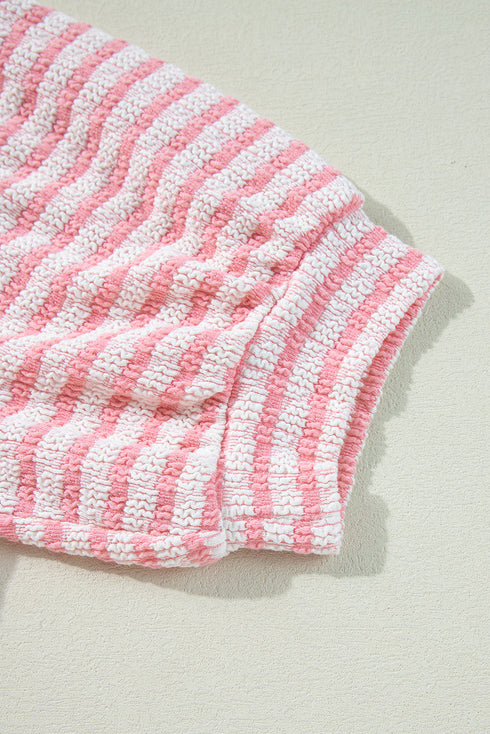 Pink Stripe Textured Puff Sleeve Crewneck Top