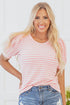 Pink Stripe Textured Puff Sleeve Crewneck Top