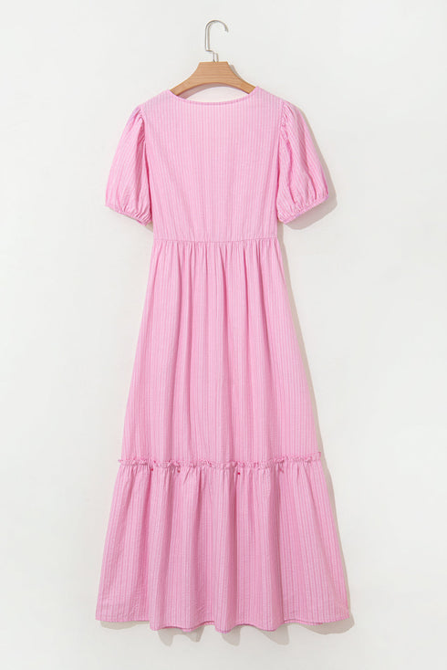 Pink Stripe V Neck Puff Short Sleeve Maxi Dress