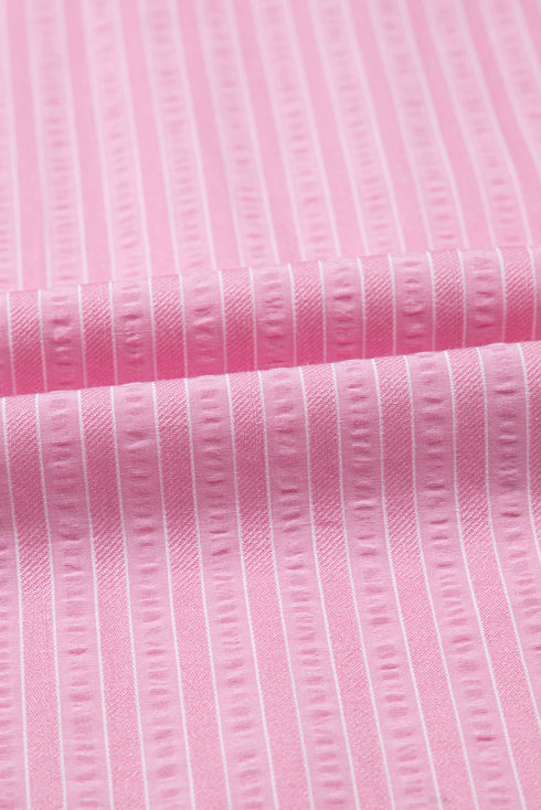 Pink Stripe V Neck Puff Short Sleeve Maxi Dress