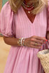 Pink Stripe V Neck Puff Short Sleeve Maxi Dress