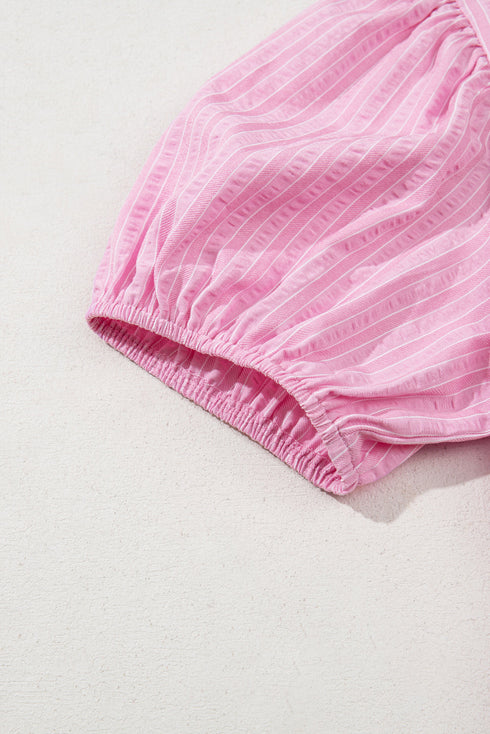 Pink Stripe V Neck Puff Short Sleeve Maxi Dress