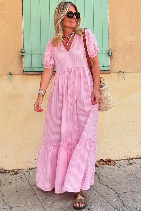 Pink Stripe V Neck Puff Short Sleeve Maxi Dress