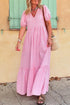 Pink Stripe V Neck Puff Short Sleeve Maxi Dress