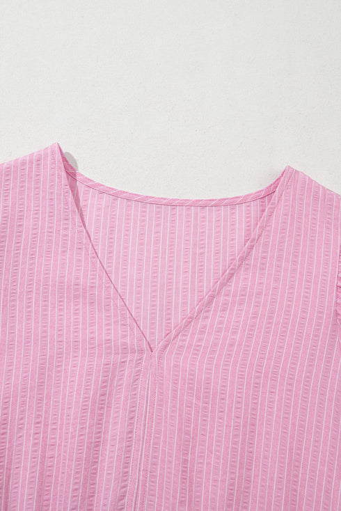 Pink Stripe V Neck Puff Short Sleeve Maxi Dress