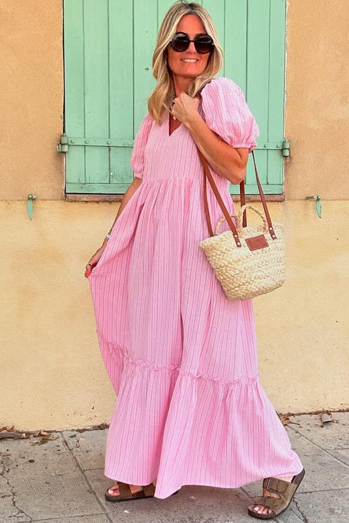 Pink Stripe V Neck Puff Short Sleeve Maxi Dress