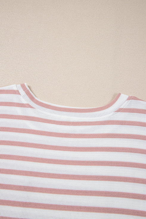 Pink Stripe Waffle Knit Pocketed Half Sleeve Plus Size T Shirt