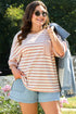 Pink Stripe Waffle Knit Pocketed Half Sleeve Plus Size T Shirt