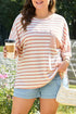 Pink Stripe Waffle Knit Pocketed Half Sleeve Plus Size T Shirt