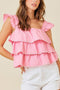 Pink Tiered Heart Trim Square Neck Flutter Top