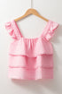 Pink Tiered Heart Trim Square Neck Flutter Top