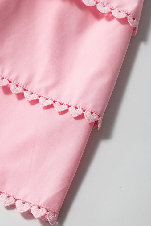 Pink Tiered Heart Trim Square Neck Flutter Top