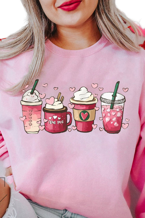 Pink Valentines Sweet Drinking Graphic Print Sweatshirt