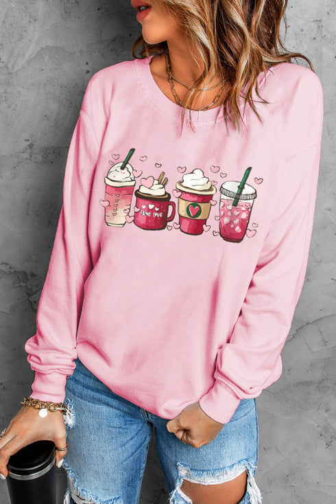 Pink Valentines Sweet Drinking Graphic Print Sweatshirt