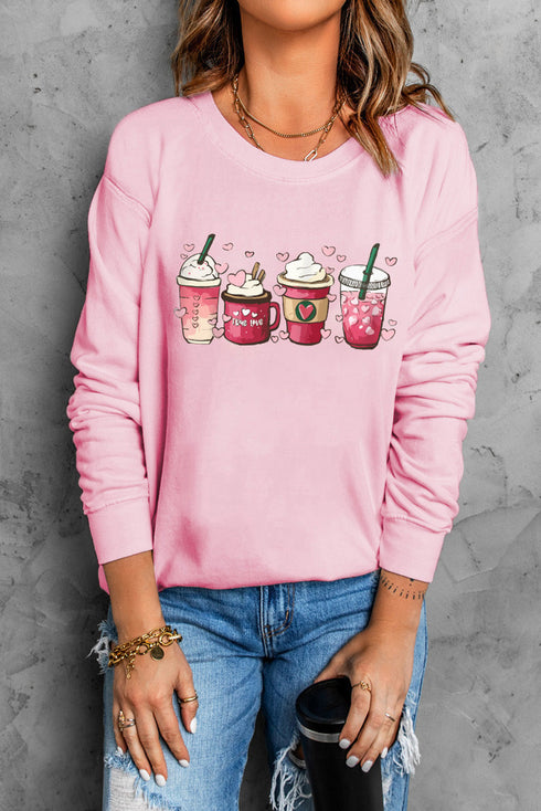 Pink Valentines Sweet Drinking Graphic Print Sweatshirt