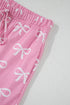 Pink Waffle Knit Bowknot Printed V Neck T Shirt and Shorts Set