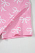 Pink Waffle Knit Bowknot Printed V Neck T Shirt and Shorts Set