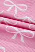 Pink Waffle Knit Bowknot Printed V Neck T Shirt and Shorts Set