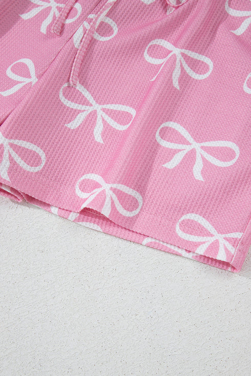 Pink Waffle Knit Bowknot Printed V Neck T Shirt and Shorts Set