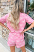 Pink Waffle Knit Bowknot Printed V Neck T Shirt and Shorts Set