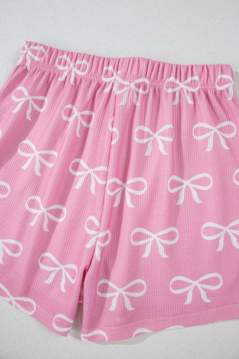 Pink Waffle Knit Bowknot Printed V Neck T Shirt and Shorts Set
