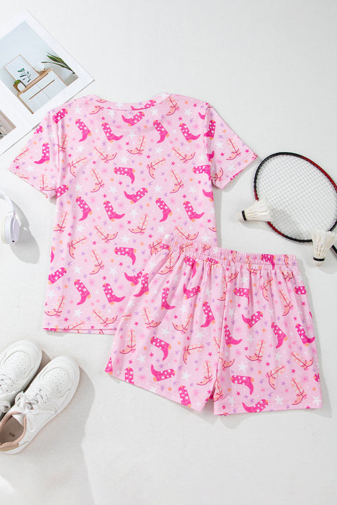 Pink Western Boots Printed Short 2pcs Lounge Set