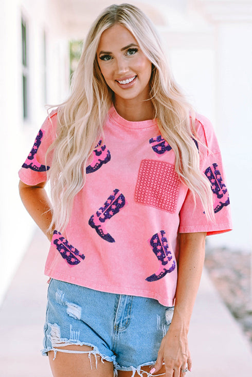 Pink Western Boots Sequin Patchwork Crew Neck T Shirt